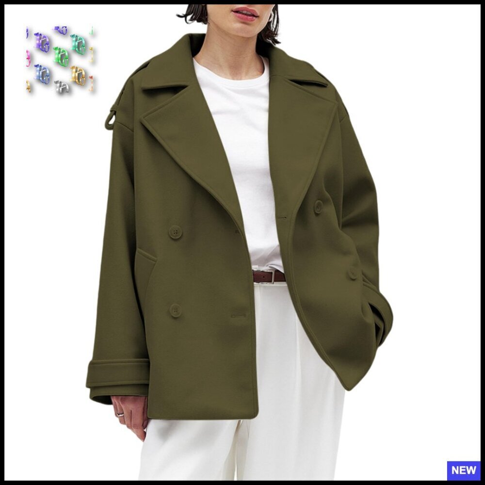 Oversized Short Pea Coat Wool Blend Double Breasted Notch Lapel Chic Winter